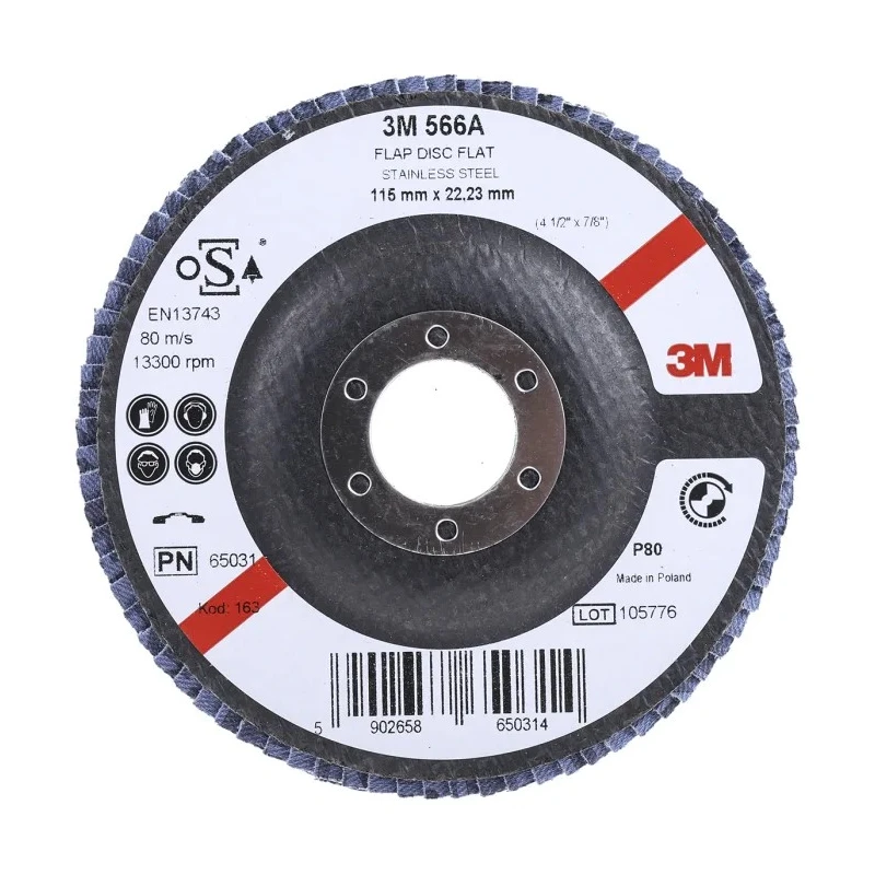 3M 566A Zirconia Aluminium Flap Disc, 115 mm Diameter, Medium Grade, P80 Grit, Maximum 13000 rpm 3M556D B61790