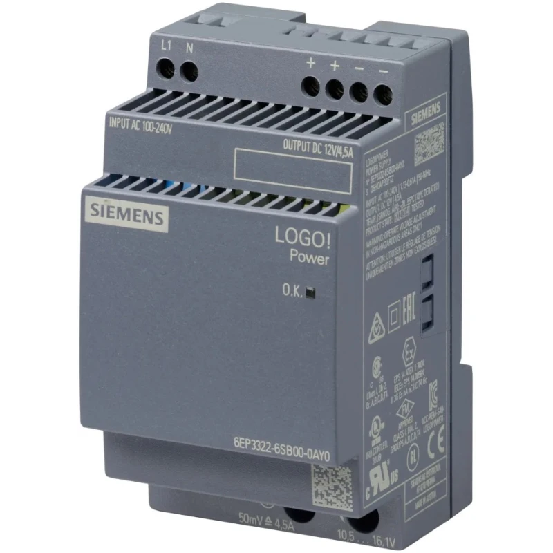 Siemens LOGO POWER Switched Mode DIN Rail Power Supply 264V AC Input 12V DC, 4.5 A Output DC 54 W 6EP3322-6SB00-0AY0