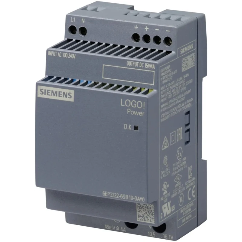 Siemens LOGO POWER Switched Mode DIN Rail Power Supply AC/DC Input 85-264V AC, Output 15V DC, 4A, 60W 6EP3322-6SB10-0AY0