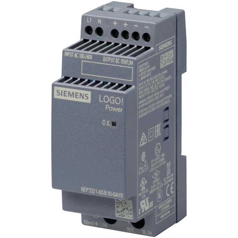 Siemens LOGO POWER Switched Mode DIN Rail Power Supply 264V AC Input, 15V DC Output, 1.9 A, 28.5 W 6EP3321-6SB10-0AY0