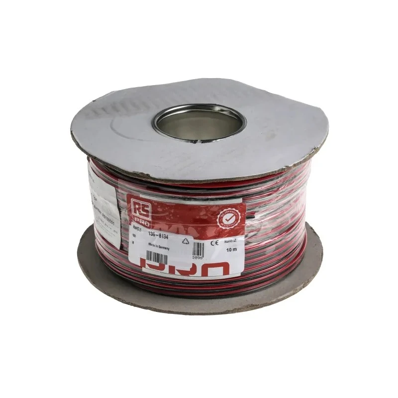 RS PRO 2 Core Stranded Bare Copper Audio Cable, Red Black PVC Jacket, 100m Length 136-8134