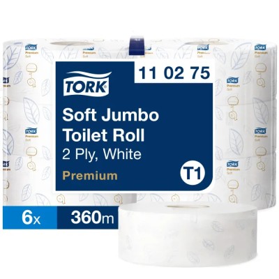 Tork Jumbo 2-Ply Toilet Roll 265mm Diameter, 360m Roll Length, 1800 Sheets per Roll, Pack of 6 110275