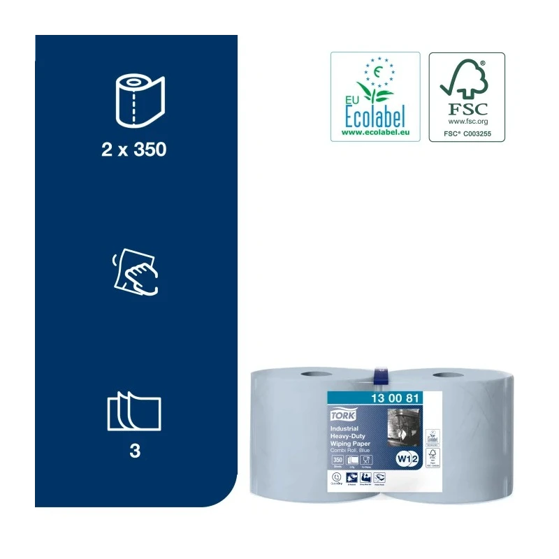 Tork Industrial Heavy-Duty Wiping Roll Paper Towel, 119 m x 235 mm, 3 Ply, 350 Sheets 130081