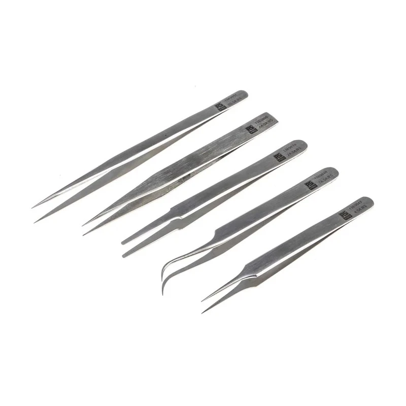 RS PRO Stainless Steel Tweezer Set Anti-Acid Anti-Magnetic 5 Pieces 136-9872