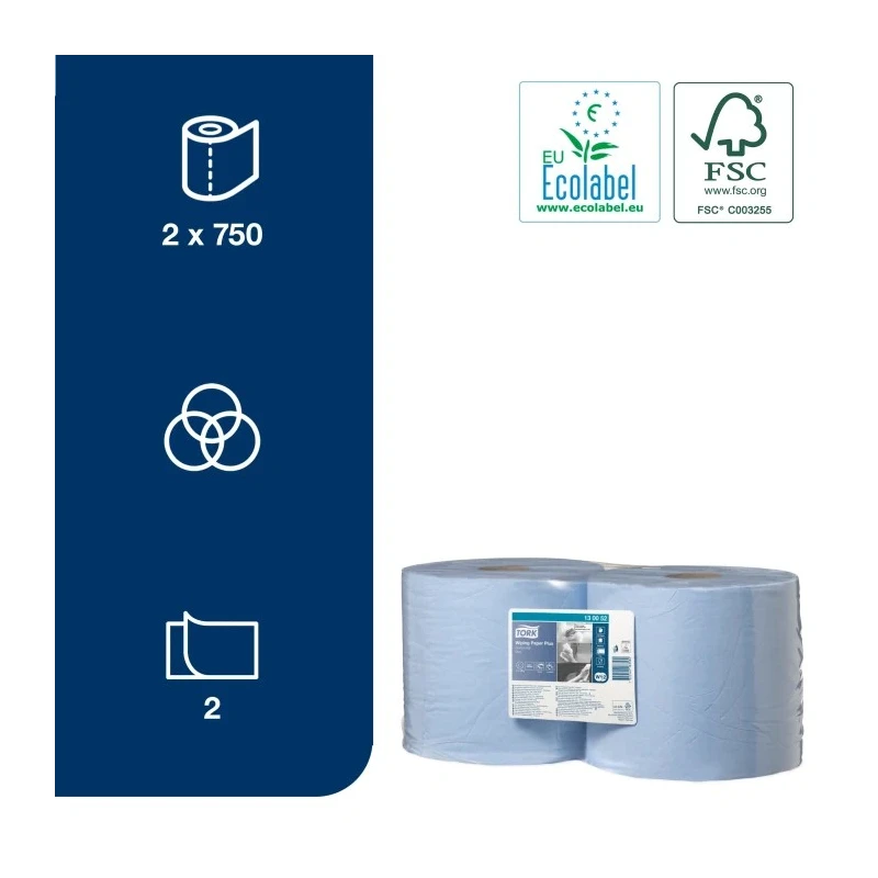 Tork Wiping Paper Plus Roll Paper Towel 2-Ply Blue, 235mm Width, 750 Sheets, 255000mm Roll Length 130052