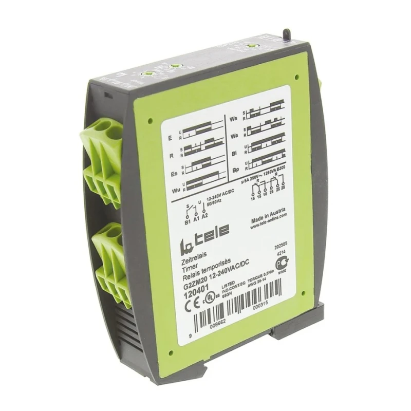 Tele Multifunction DIN Rail Timer Relay 2-Contact DPDT 0.05 s to 100 h 12-240 V AC/DC G2ZM20