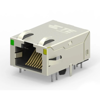 TE Connectivity RJ45 Connector Female PCB Mount Cat6 Nickel Plated Brass Shield Right Angle 2 Port 8 Way 