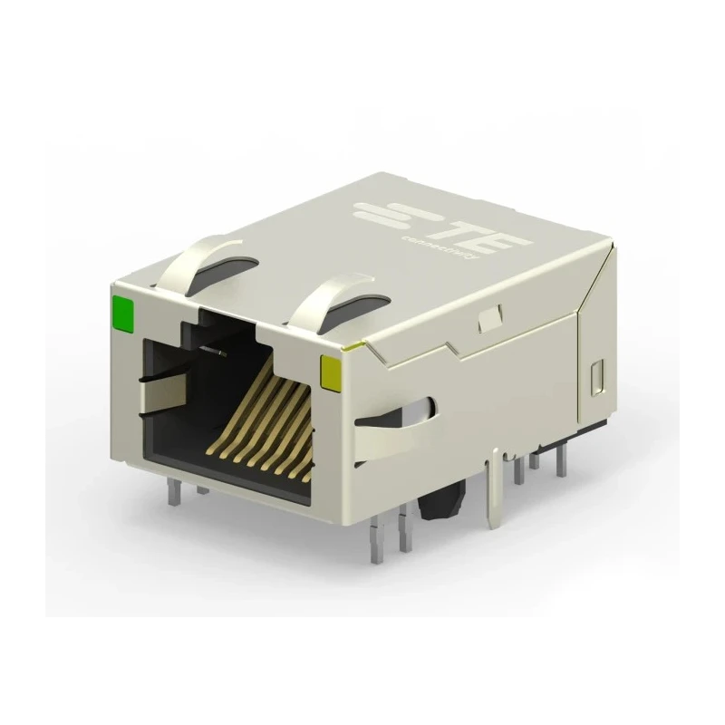 TE Connectivity RJ45 Connector Female PCB Mount Cat6 Nickel Plated Brass Shield Right Angle 2 Port 8 Way 