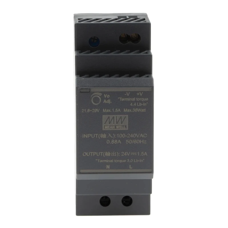 MEAN WELL Ultra Slim Switched Mode DIN Rail Power Supply 370V DC/264V AC Input 24V DC, 1.5A Output, 36W HDR-30-24