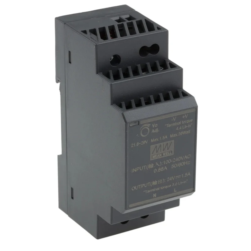 MEAN WELL Ultra Slim Switched Mode DIN Rail Power Supply 370V DC/264V AC Input 24V DC, 1.5A Output, 36W HDR-30-24