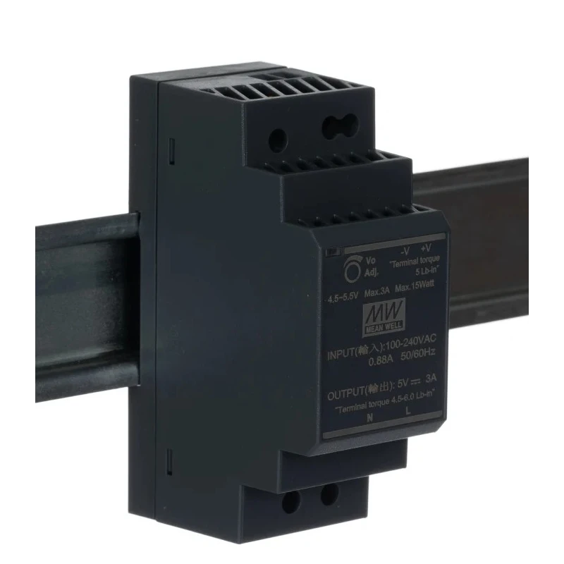 MEAN WELL Ultra Slim Switched Mode DIN Rail Power Supply 264V AC/370V DC Input, 5V DC Output, 3A, 15W HDR-30-5