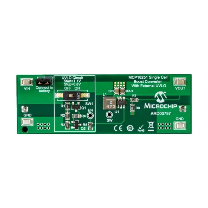 Microchip Single Cell Boost Converter Evaluation Board with MCP16251 Ultra Low Power Boost Converter ARD00797