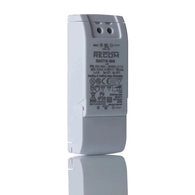 Recom IP20 1 Output LED Driver, 18V dc to 36V dc, 18 W, 500mA Constant Current, Enclosed AC-DC Power Supply 