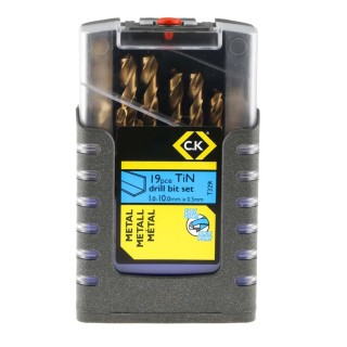 CK 19-Piece Twist Drill Bit Set for Metal, 1 mm to 10 mm, HSS, Titanium Nitride Coated T3291