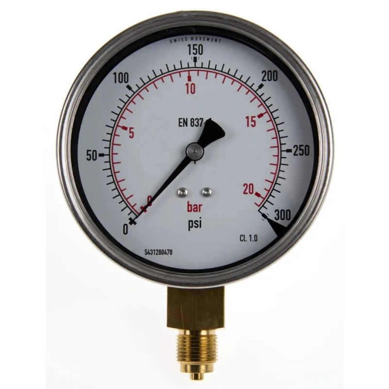 RS PRO 100 mm G 3/8 BSPM Pressure Gauge 300 psi ±1% Accuracy Stainless Steel Case 189-030