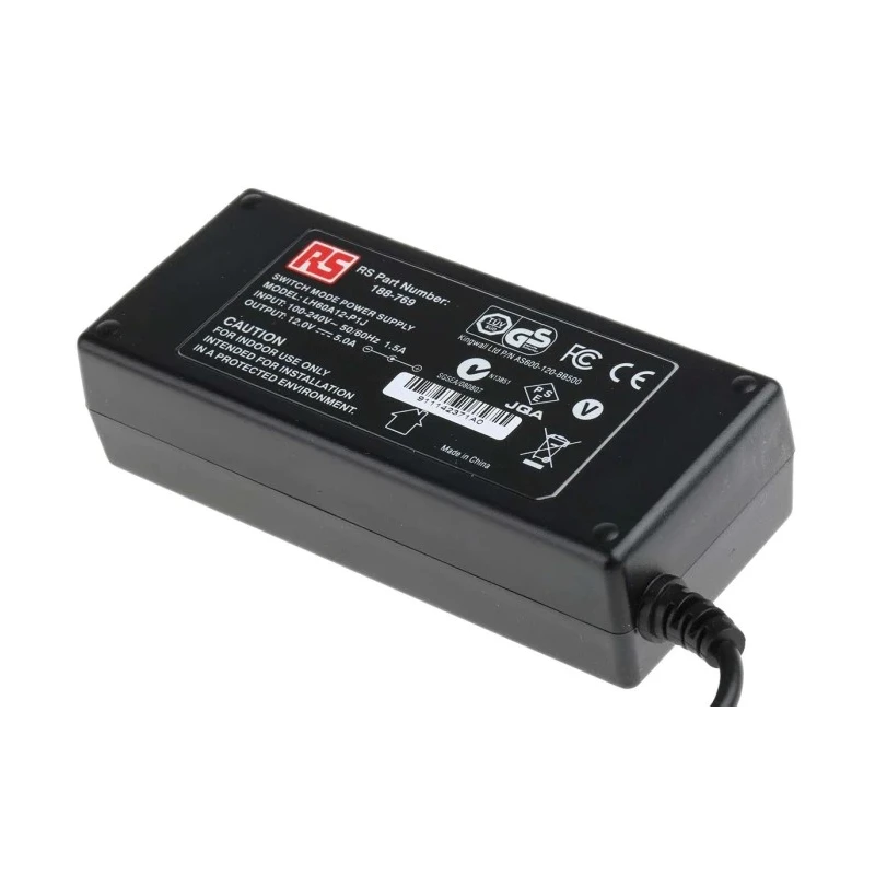 RS PRO 2.1 x 5.5 x 11 mm Centre Positive Switched Mode Power Supply AC/DC Adapter C14 60 W 12V dc Output 5 A 188-769