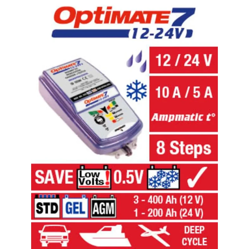 TecMate Automotive 12V/24V Lead Acid Battery Charger 10A with UK Plug TM262