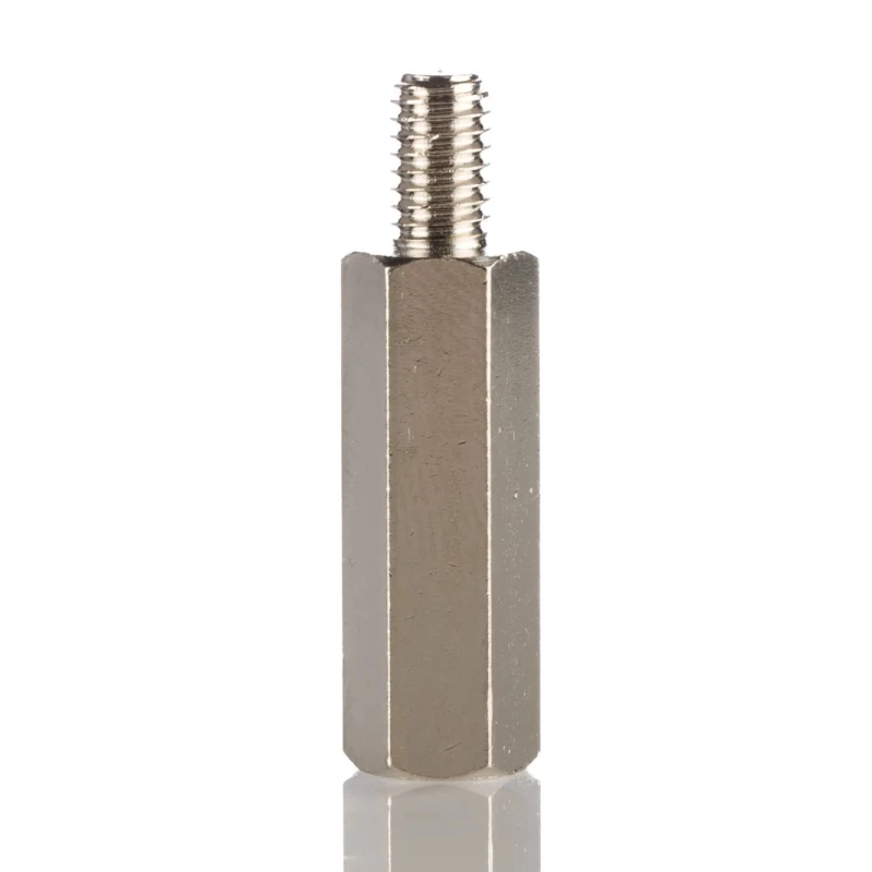 HARWIN M3 x 0.5 Threaded Standoff, 12 mm Body Length, 6 mm Stud Length, Hex Brass Spacer with Nickel Finish R30-3001202