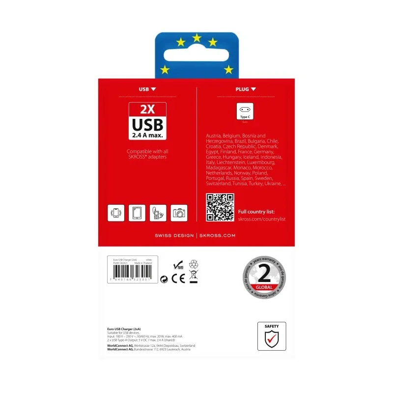 SKROSS 2 Output USB Type A AC-DC Converter Power Supply Adapter Type C 12W 5V DC Output 2.4A SKR-0083