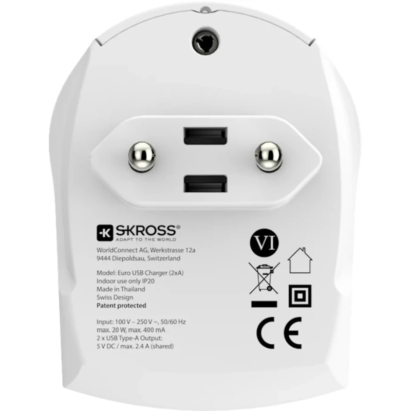 SKROSS 2 Output USB Type A AC-DC Converter Power Supply Adapter Type C 12W 5V DC Output 2.4A SKR-0083