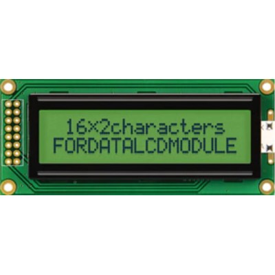 Fordata LCD Graphic Display, Yellow Green Illumination, 2 x 16 Character Matrix, 63x16 mm View Area FC1602B01-RNNYBW-66SE