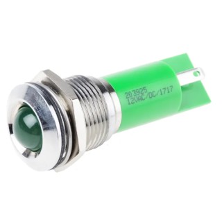 RS PRO Green Panel Mount Indicator with 12 V AC/DC, 20mA Current, Solder Tab Termination, Silver Bezel 203-925