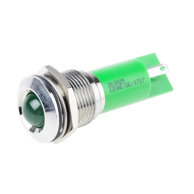 RS PRO Green Panel Mount Indicator with 12 V AC/DC, 20mA Current, Solder Tab Termination, Silver Bezel 203-925