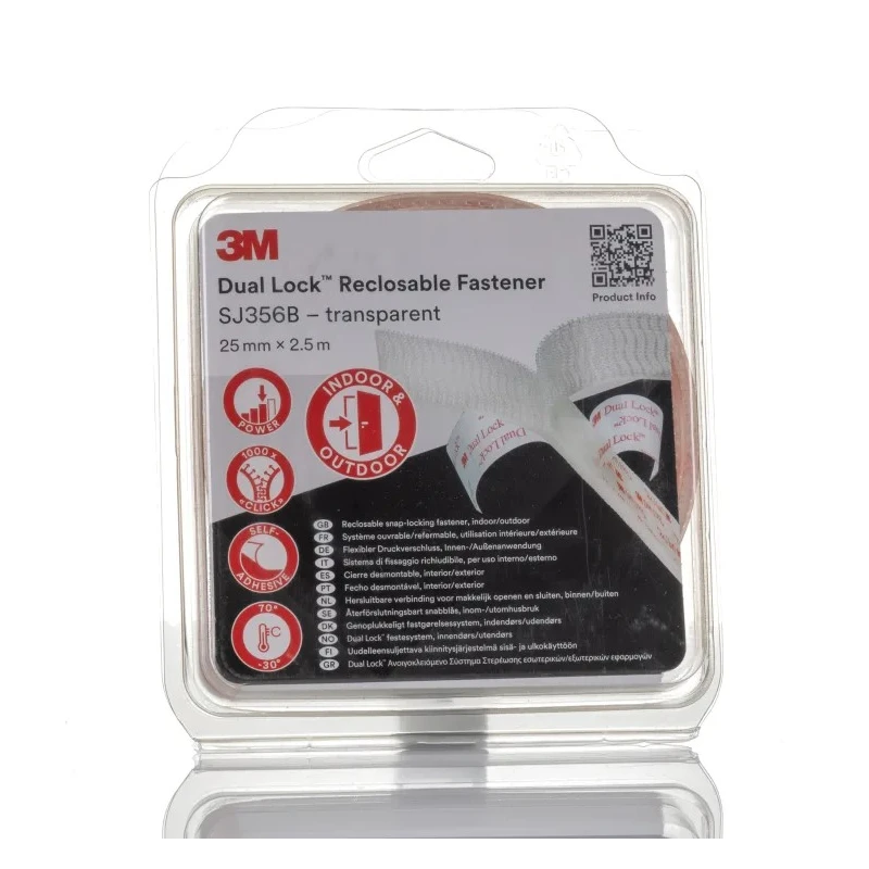 3M Transparent Hook & Loop Tape 25mm Width x 2.5m Length Polyolefin Material 0.59mm Thickness 3M SJ356B 25mm x2,5m