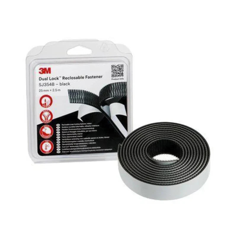 3M Black Hook & Loop Tape, Rubber Adhesive, 25mm Width x 2.5m Length, Dual Lock Interlocking Fastener 3M SJ354B 25mm x2,5m