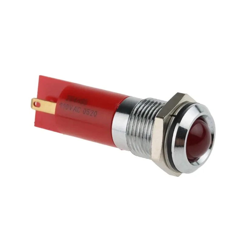 RS PRO Red Panel Mount Indicator 110V AC 6mA Solder Tab Termination IP67 Prominent Bezel Silver 204-495