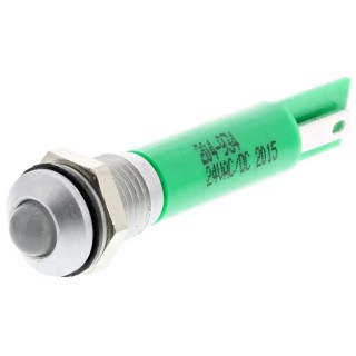 RS PRO Green Panel Mount Indicator, 24 V AC/DC, 20mA, Solder Tab Termination, IP67 Rated, Silver Bezel, 44mm Length 204-934
