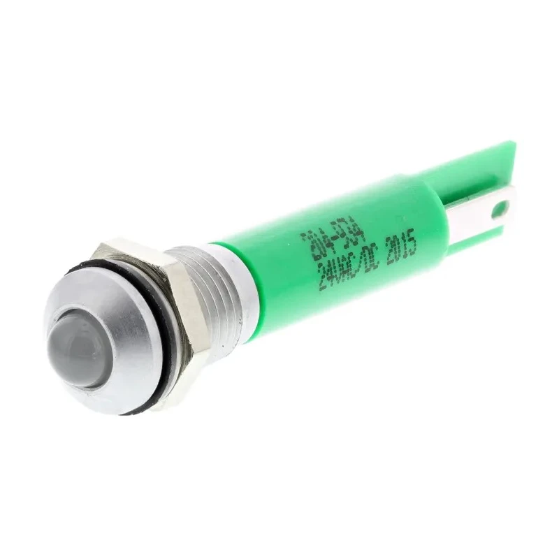 RS PRO Green Panel Mount Indicator, 24 V AC/DC, 20mA, Solder Tab Termination, IP67 Rated, Silver Bezel, 44mm Length 204-934