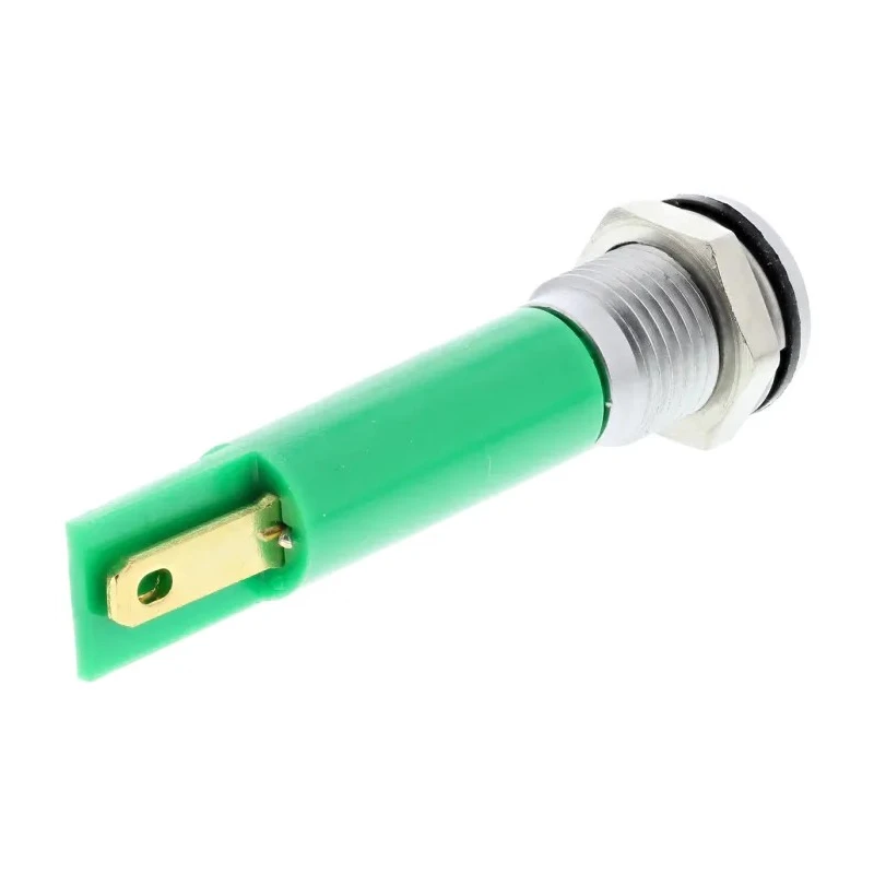 RS PRO Green Panel Mount Indicator, 24 V AC/DC, 20mA, Solder Tab Termination, IP67 Rated, Silver Bezel, 44mm Length 204-934