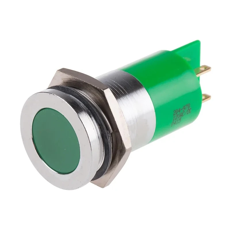 RS PRO Green Panel Mount Indicator, 12 V AC/DC, 20mA Current, Solder Tab Termination, Flush Silver Bezel 204-978