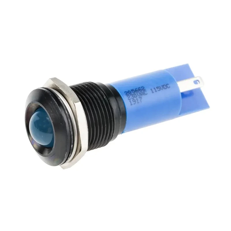 RS PRO Blue Panel Mount Indicator 230V AC 115V DC 3mA Solder Tab Termination IP67 Prominent Bezel 205-662