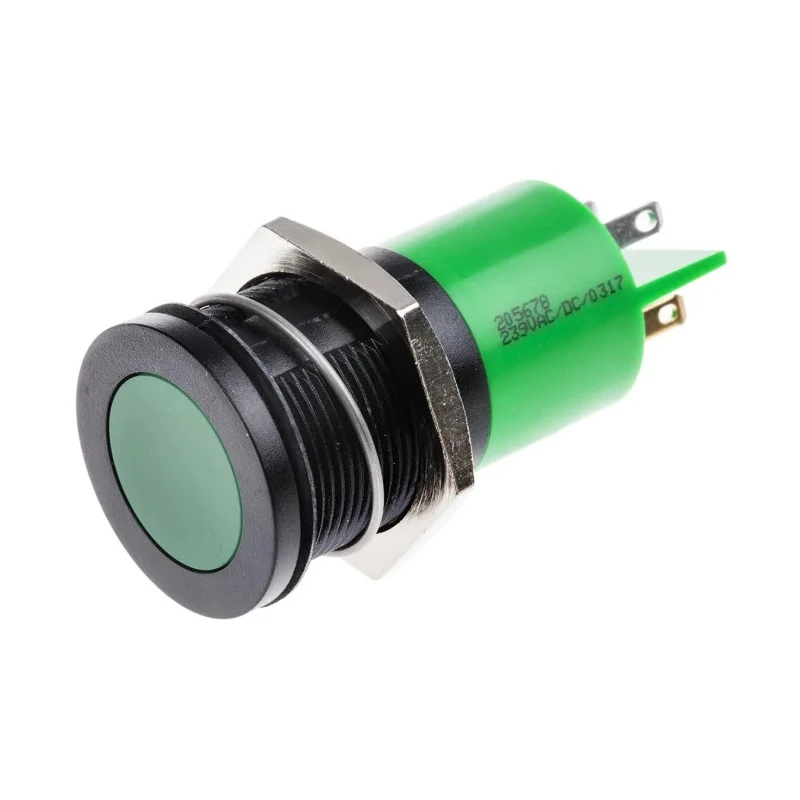 RS PRO Green Panel Mount Indicator 230V AC 3mA IP67 Flush Black Bezel 205-678