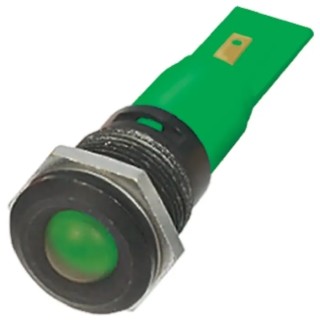 RS PRO Green Panel Mount Indicator 12 V AC DC 20mA Solder Tab Termination Prominent Bezel 205-729