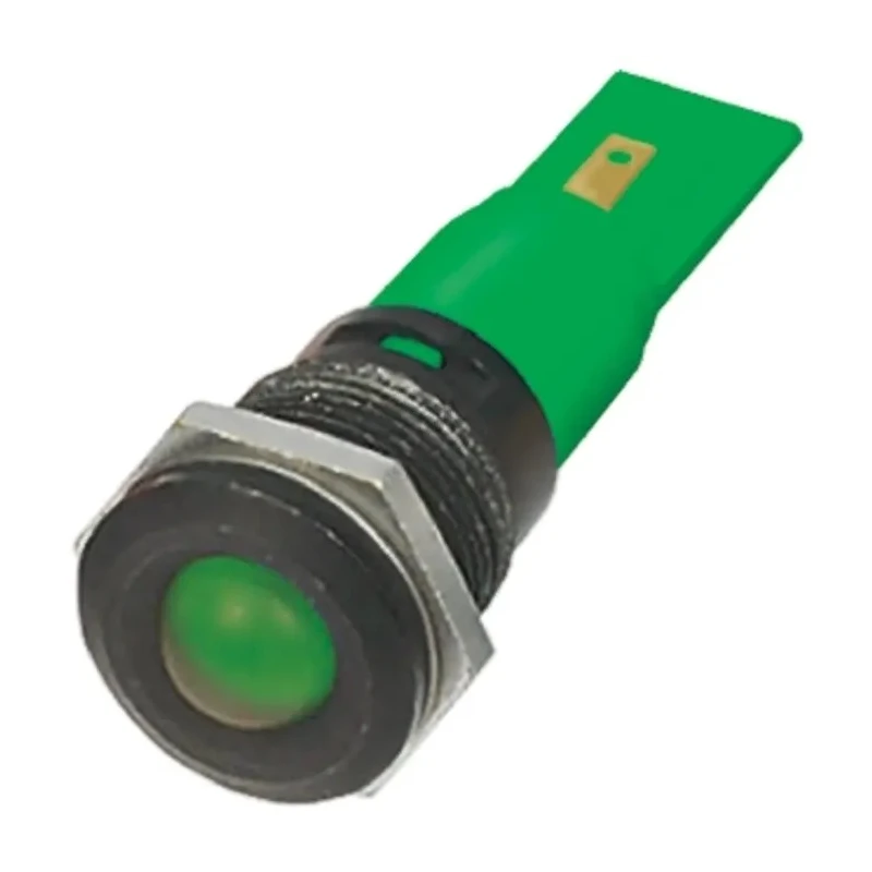RS PRO Green Panel Mount Indicator 12 V AC DC 20mA Solder Tab Termination Prominent Bezel 205-729