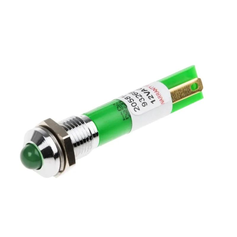 RS PRO Green Panel Mount Indicator 12V AC 20mA Solder Tab Termination, Prominent Bezel 205-814