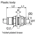 Legris Pneumatic Bulkhead Connector Series Male/Female, Push-in 6 mm Tube Connection, Technical Polymer, Nickel Finish LF3000