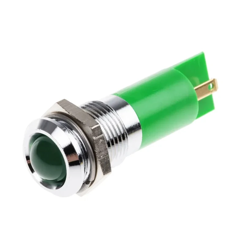 RS PRO Green Panel Mount Indicator 12V ac 20mA Solder Tab Termination Prominent Bezel 205-864