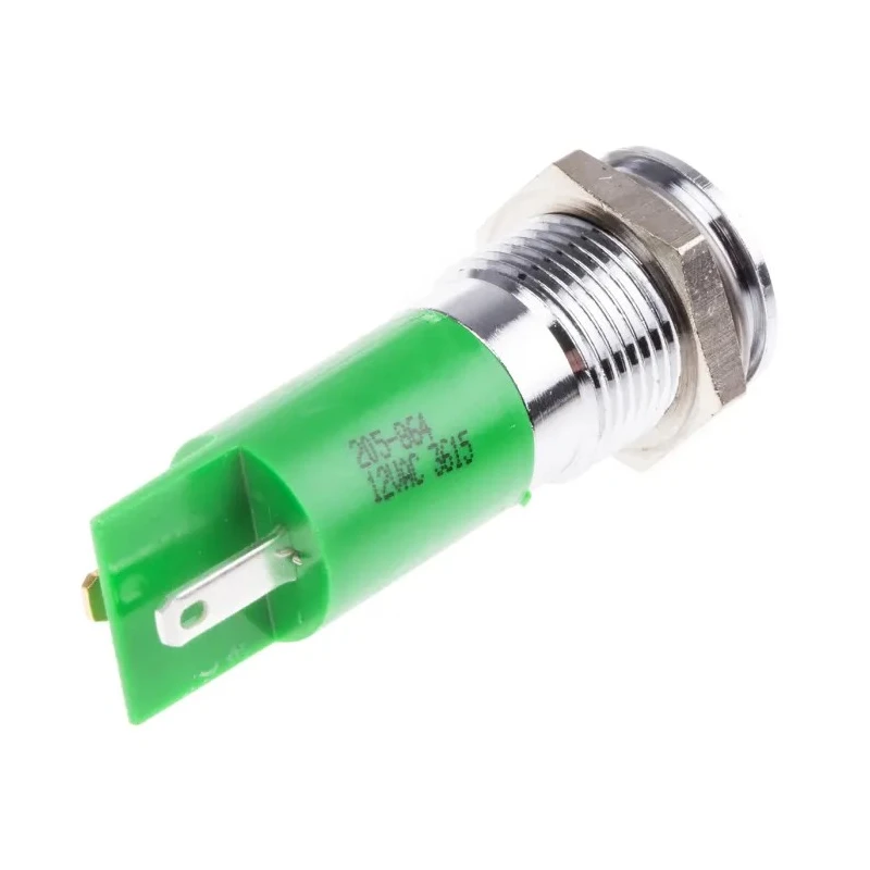 RS PRO Green Panel Mount Indicator 12V ac 20mA Solder Tab Termination Prominent Bezel 205-864
