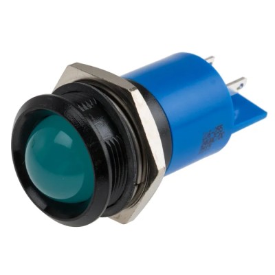 RS PRO Blue Panel Mount Indicator 24 V AC/DC, 20mA Current, Solder Tab Termination, Prominent Bezel, 61mm Length 206-255