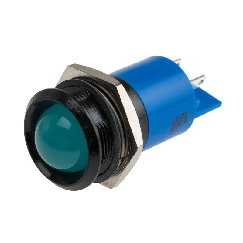 RS PRO Blue Panel Mount Indicator 24 V AC/DC, 20mA Current, Solder Tab Termination, Prominent Bezel, 61mm Length 206-255