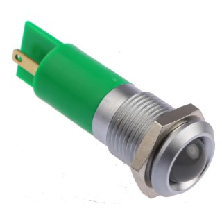 RS PRO Green Panel Mount Indicator 24 V AC/DC, 20mA, Solder Tab Termination, IP67, Prominent Bezel 206-924