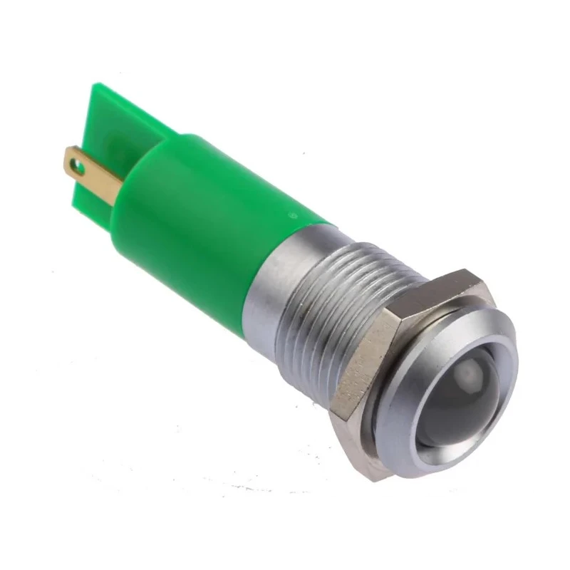 RS PRO Green Panel Mount Indicator 24 V AC/DC, 20mA, Solder Tab Termination, IP67, Prominent Bezel 206-924