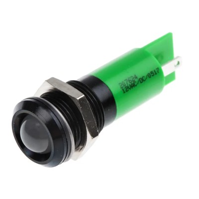 RS PRO Green Panel Mount Indicator 12V 20mA Solder Tab Termination IP67 Prominent Bezel 207-624