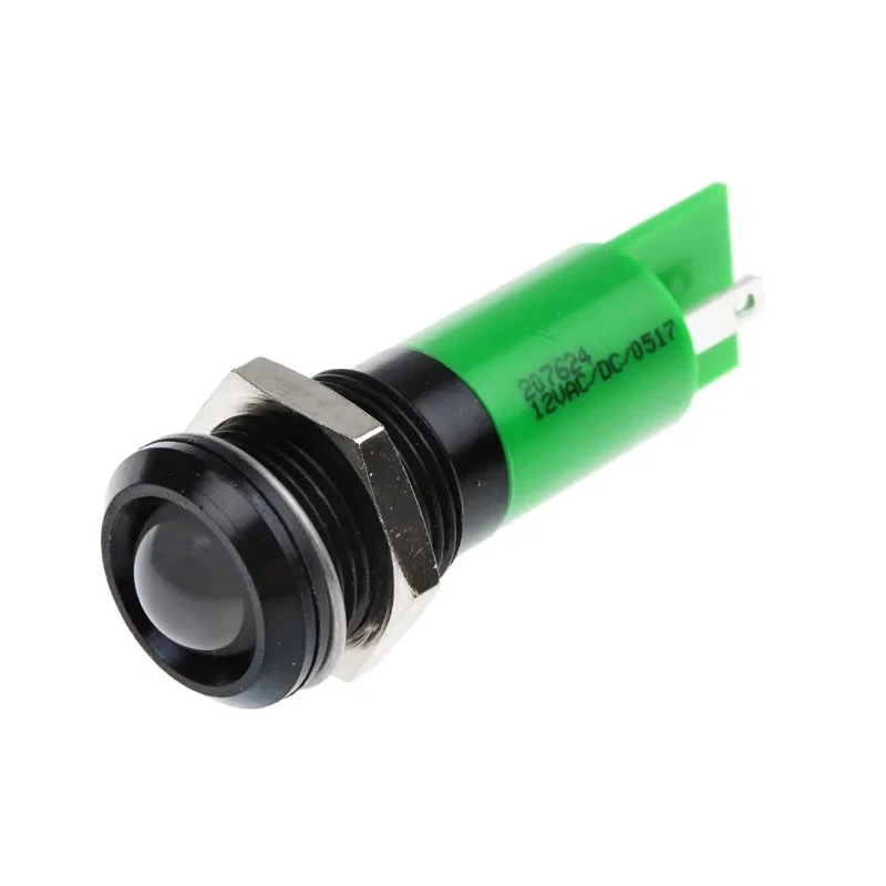 RS PRO Green Panel Mount Indicator 12V 20mA Solder Tab Termination IP67 Prominent Bezel 207-624