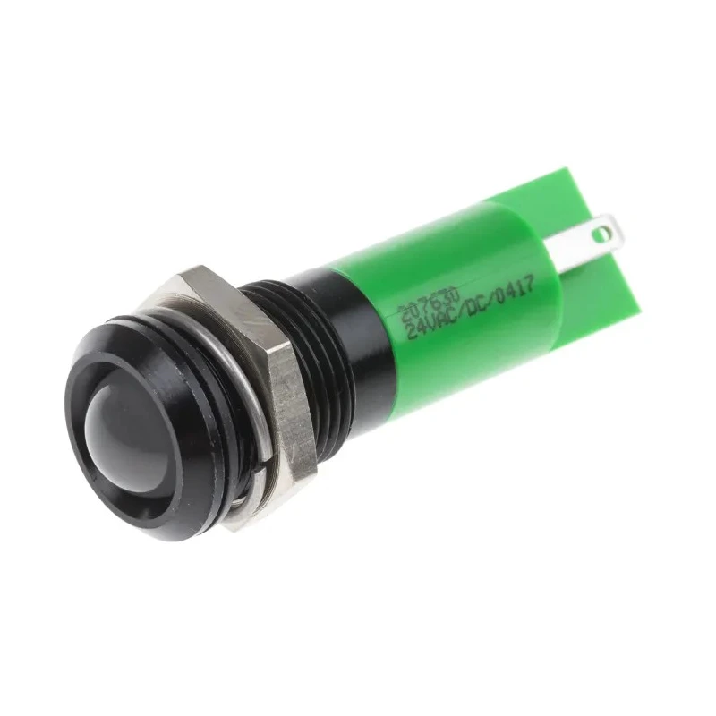 RS PRO Green Panel Mount Indicator 24 V AC/DC 20mA Solder Tab Termination IP67 Prominent Bezel 207-630