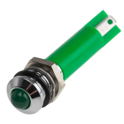 RS PRO Green Panel Mount Indicator 12V DC 17mA Solder Tab Termination IP67 Prominent Bezel 208-087